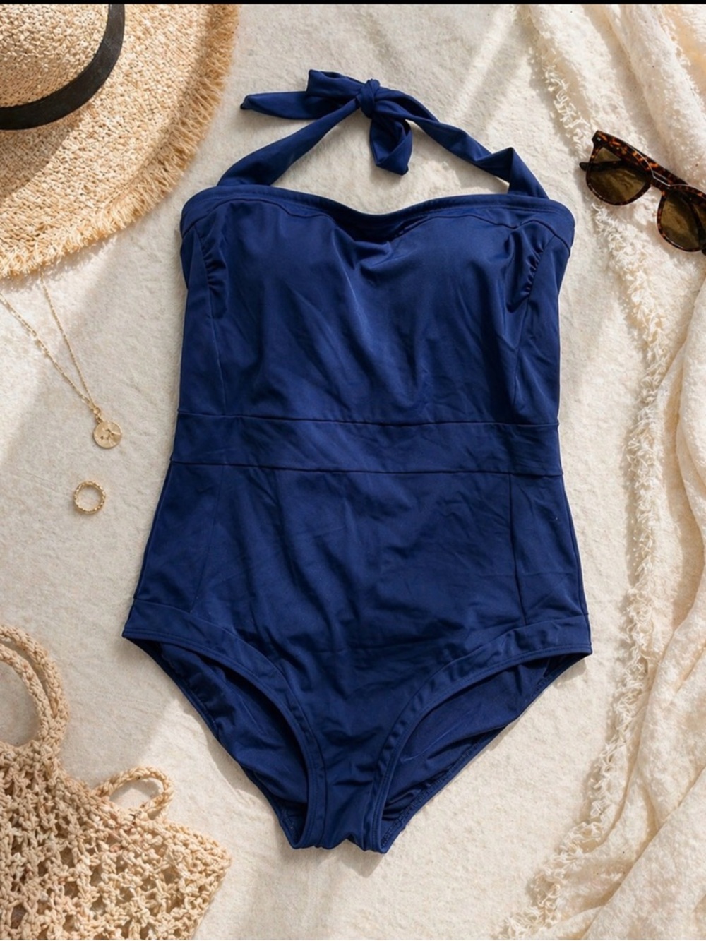 Boden Navy Halter One Piece Swimsuit Size 14L – Ruched Bust Tummy Control